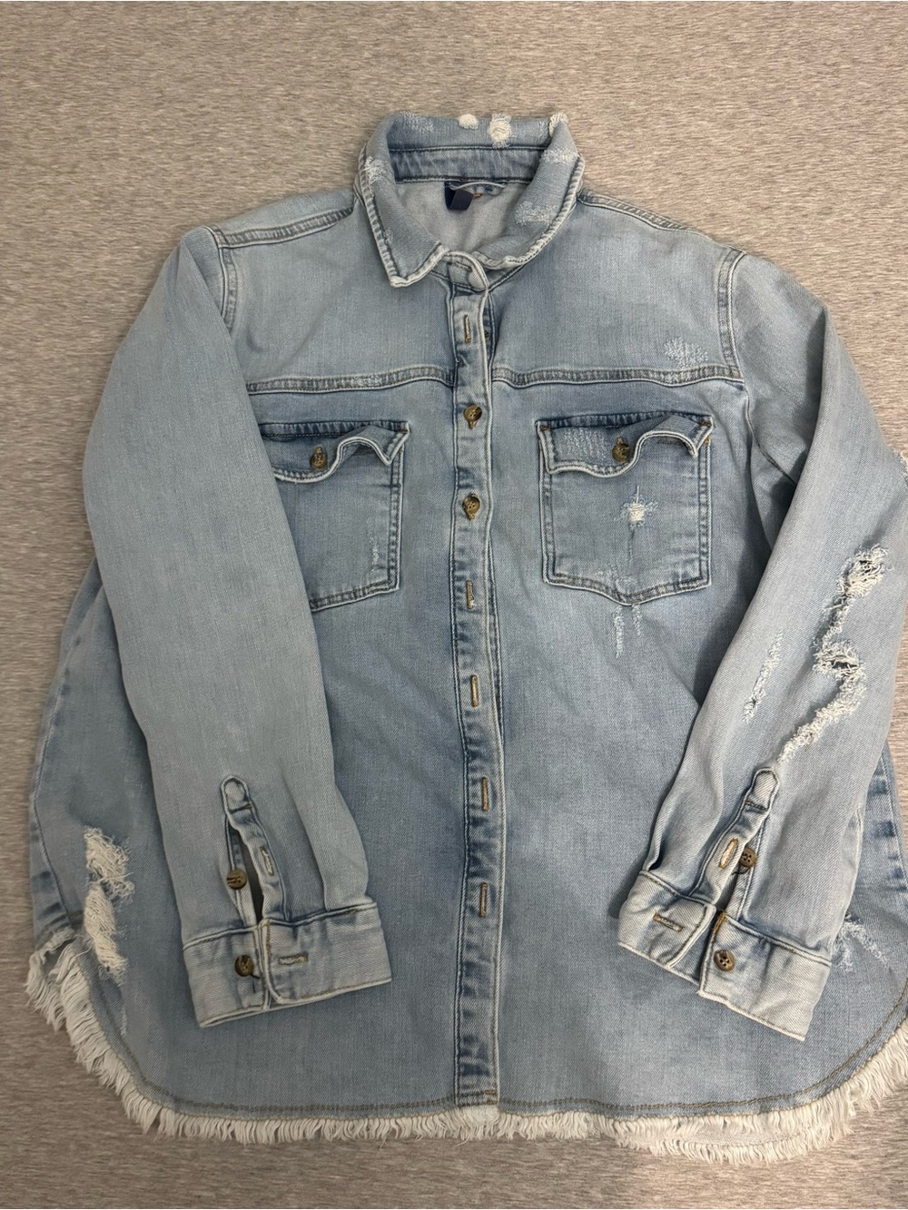Pilcro Anthropologie Distressed Fringed Denim Shirt Jacket Size L